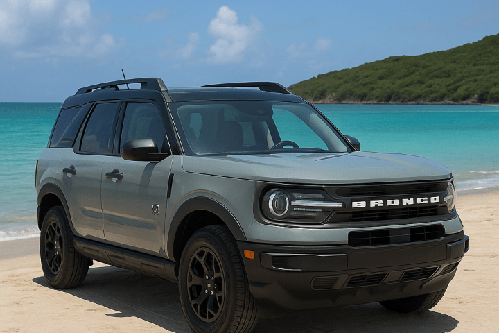 a truck cake sitting on top of a sandy beach next to the ocean